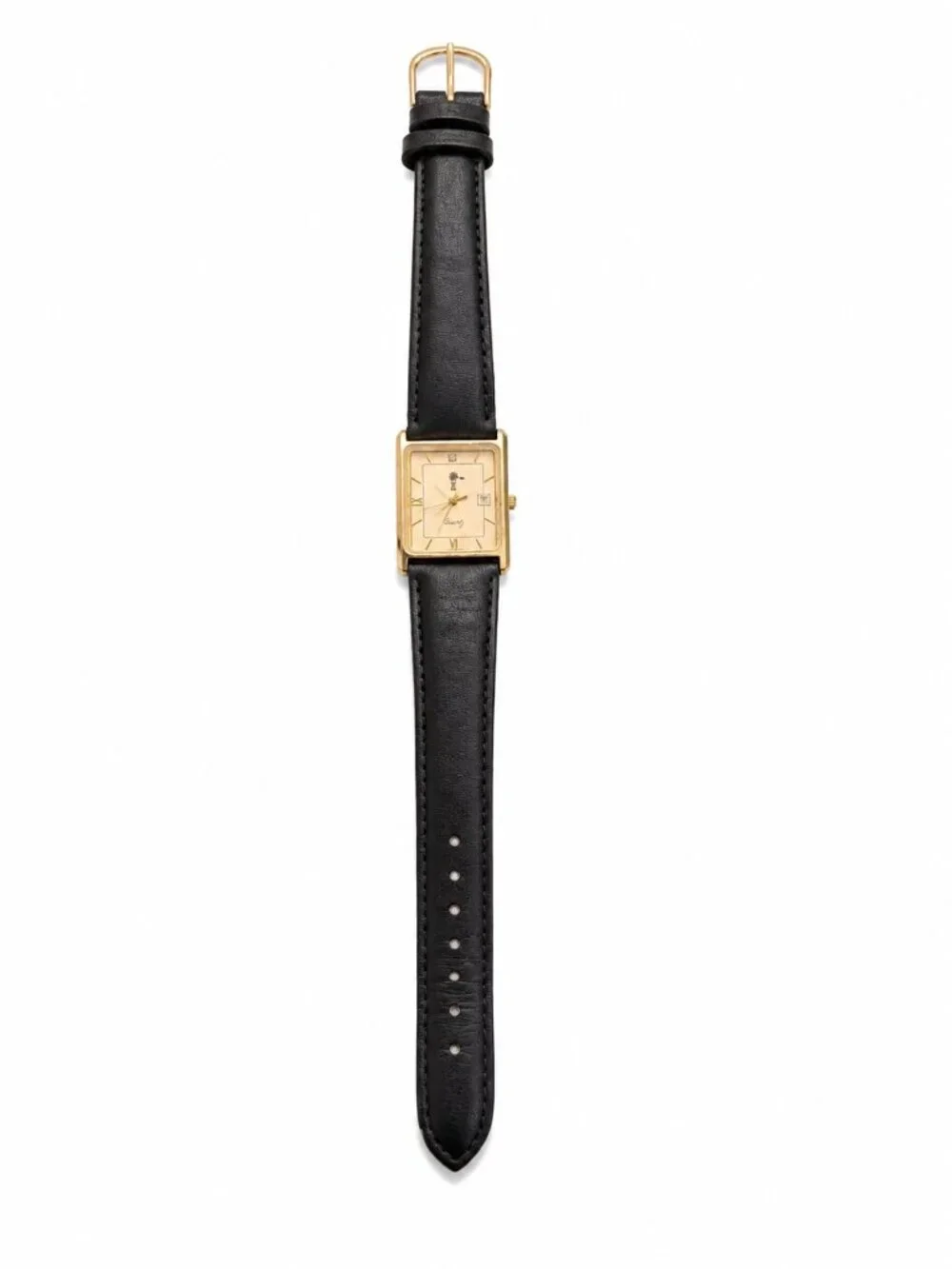 Vintage Gold-Tone Rectangular Quartz Dress Watch – Black Leather Band – Date